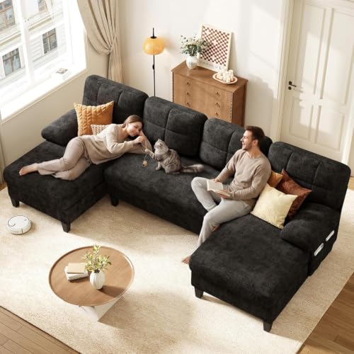 KKL U-Shaped Sectional Couch for Living Room, 112" Sectional Sofa | Modern Sofa with Double Chaise Deep Seat Couches for Living Room, Apartment, Office, Black - color: Black