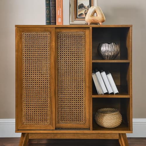 Mid Century Modern Small Rattan Sideboard Buffet Storage Cabinet | Real Wood Veneer Mid Century Storage Cabinet with Rattan Sliding Doors,Boho Bar Cabinet,Small Sideboard Buffet,Light Walnut - color: Light Walnut
