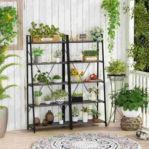 5-Tier Ladder Shelf, Industrial Leaning Bookcase, Wood and Metal Ladder Bookshelf for Living Room, Bedroom, Kitchen, Home Office (Grey Oak) - color: Grey Oak, size: 5-Tier