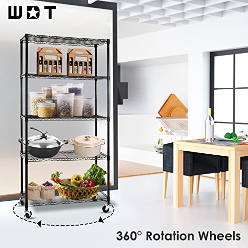 5-Shelf Shelving Units on Wheels Casters, Adjustable Heavy Duty Metal Shelf Wire Storage Rack for Home Office Garage Kitchen Bathroom Organization(16”Wx36”Dx75”H), Black - size: 5Tier 36"W x 16"D x 75"H