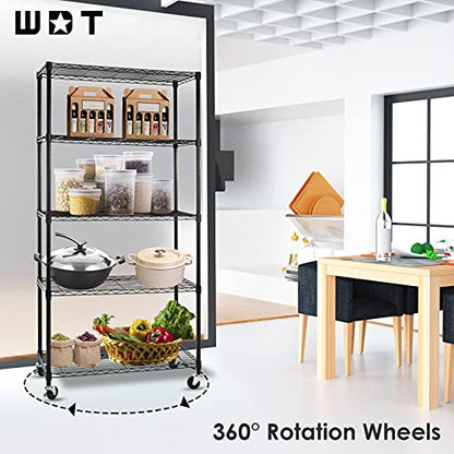 5-Shelf Shelving Units on Wheels Casters, Adjustable Heavy Duty Metal Shelf Wire Storage Rack for Home Office Garage Kitchen Bathroom Organization(16”Wx36”Dx75”H), Black - size: 5Tier 36"W x 16"D x 75"H