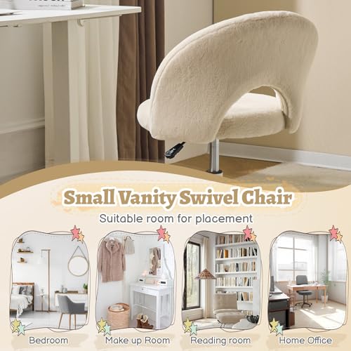 VINGLI Small Vanity Chair with Faux Fur Wheels for Girls,Cute Adjustable Height Armless Office Desk Chair,360°Swivel Comfy Rolling for Study,Make up Room,Small Space,Khaki - color: Furry Khaki