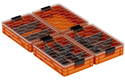 Quarter Crate 4-Pack Stackable Storage Bins, Orange | Polypropylene, 14 dividers included, 19.16x12.75x4.57 in, over 1000 lb stack, lids sold separately - color: Orange