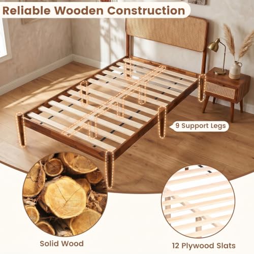 Giantex Wooden Bed Frame Twin Size, Rattan Headboard Platform Bed (Twin) | Wooden Slat Support, Acacia Wood Mattress Foundation No Box Spring Needed - size: Twin