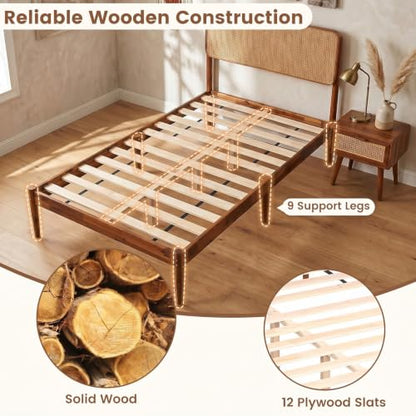 Giantex Wooden Bed Frame Twin Size, Rattan Headboard Platform Bed (Twin) | Wooden Slat Support, Acacia Wood Mattress Foundation No Box Spring Needed - size: Twin