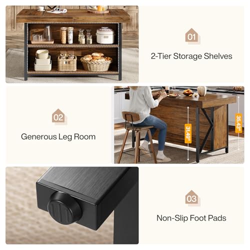 Tribesigns Large Kitchen Island with Storage, 55-Inch Wooden Stationary Island Table with Metal Frame, 3-Tier Industrial Center Bar Table with Thickened Countertop for Kitchen, Dining Room, Brown