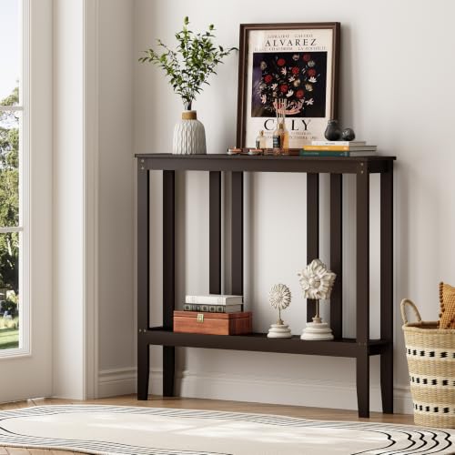 ELYKEN Bamboo 2-Tier Narrow Console Table, 36.2" Long Slim Hallway Table | Sofa Table Behind Couch with Storage Shelf for Entryway, Living Room, Foyer - color: Brown