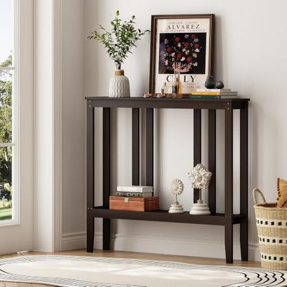 ELYKEN Bamboo 2-Tier Narrow Console Table, 36.2" Long Slim Hallway Table | Sofa Table Behind Couch with Storage Shelf for Entryway, Living Room, Foyer - color: Brown