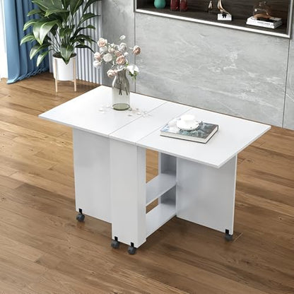 Folding Drop Leaf Dining Table with 6 Wheels & 2-Tier Storage Shelf, Space Saving Convertible Table for 2-6 People, Portable Kitchen Table or Desk for Small Apartments, White