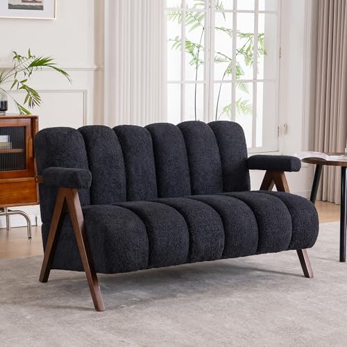 Mid Century Modern Accent Chair Loveseat Sofa with Solid Wood Frame, Boucle Upholstered Living Room Chairs with Thick Cushion, Comfy Tufted Arm Chair for Bedroom, Black - color: Black, size: 2-seater