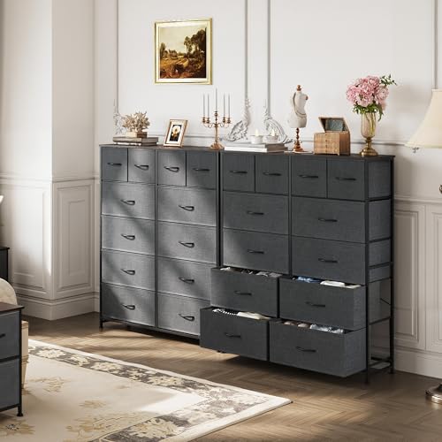 WLIVE 12 Drawer Tall Fabric Dresser Bedroom Storage Chest, Dark Grey | 12-drawer tall fabric dresser with wood top and steel frame, P2 grade board, ideal for bedroom closet living room storage - color: Dark Grey