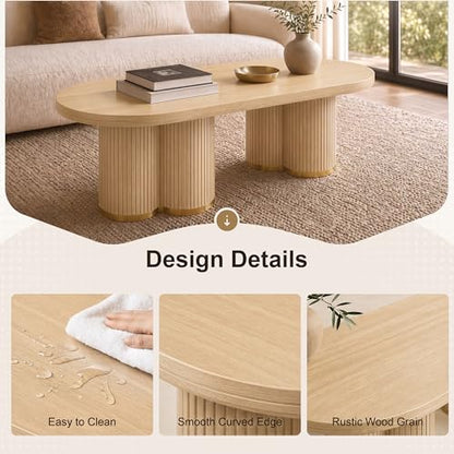 Oval Fluted Coffee Tables for Living Room, 47" Wood Coffee Table,Oak - color: Oak