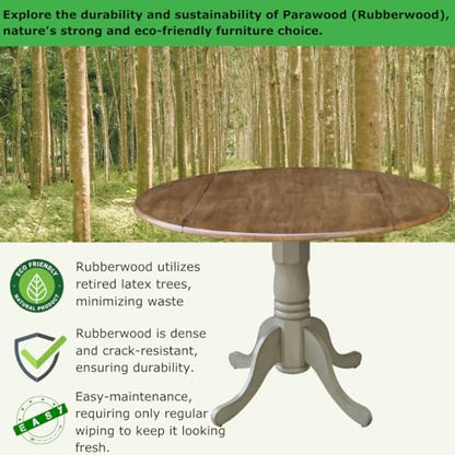 IC International Concepts, 42" Round Dual Drop Leaf Pedestal Dining Table, Solid Real Wood, Sturdy Parawood, Distressed Hickory/Stone - color: Distressed Hickory/Stone
