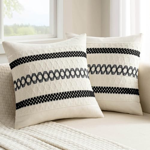 MIULEE Set of 2 Black Boho Decorative Pillow Covers 18x18 Inch | Farmhouse Couch Throw Pillows, Modern Cotton Cushion Covers, Macrame Woven Spring Home Decor for Bed Sofa Chair - color: Black, size: 18" x 18" (Pack of 2)