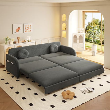 81.1'' King Size Sleeper Sofa Bed, 3-in-1 Pull Out Chenille Couch, Grey | Cozy Curved Armrest, Loveseat with USB, 2 Round Pillows, Washable Cover, Pocket, for Living Room, Apartment, Small Spaces, RV - color: Grey, size: 81.1'' King