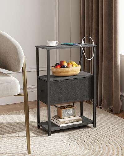 TUTOTAK Small Narrow End Table with Charging Station, Set of 2 | Side Table with Outlets, Nightstand with Cloth Drawer, Couch Table for Living Room, Bedroom, Bedside, Charcoal Grey TB01BY058 - color: Charcoal Grey, style: 1 Drawer & Plug