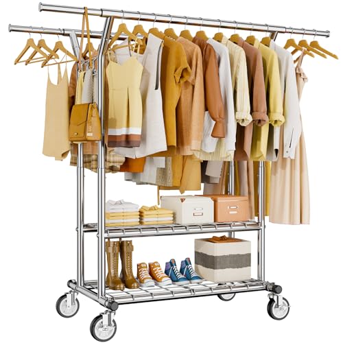 HYSEYY Heavy Duty Clothes Rack, Rolling Clothing Rack With Shelves Load 620 LBS, Double Rod Clothing Racks for Hanging Clothes, Portable& Adjustable Clothes Rack with Wheels Garment Rack - color: Sliver