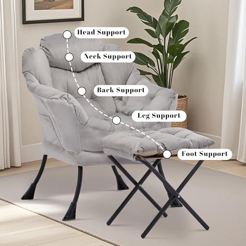 Lazy Chair with Ottoman, Comfy Reading Chair, Grey | Cushioned Seat with Foldable Ottoman and Side Pocket, Lounge Chair for Bedroom, Living Room, Dorm and Small Spaces - color: Grey