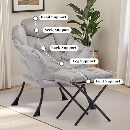 Lazy Chair with Ottoman, Comfy Reading Chair, Grey | Cushioned Seat with Foldable Ottoman and Side Pocket, Lounge Chair for Bedroom, Living Room, Dorm and Small Spaces - color: Grey