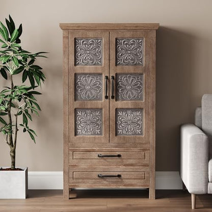 COSIEST 48" Tall Farmhouse Accent Cabinet with Doors and Drawers, Rustic Wood Storage Cabinet with Adjustable Shelves for Living Room or Entryway - size: 48 Inch Tall (2-Door 2-Drawer)