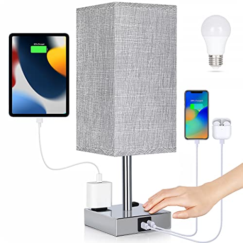 Bedside Lamp with USB Ports - Touch Control Table Lamp for Bedroom with USB C+A Charging Ports & AC Outlets, 3 Way Dimmable Nightstand Light for Living Room (LED Bulb Included, Chrome - Grey) - color: Chrome - Grey
