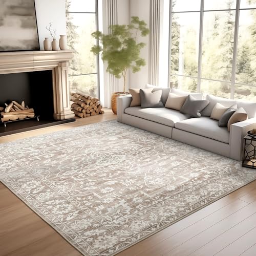 Soalmost 5x7 Area Rugs for Living Room, Washable Neutral Soft Rug | Vintage Floral Non-Slip Low Pile Throw Large Carpet for Dining Room Bedroom Kitchen Home Office Nursery Light Brown 5'x7' - color: Light Brown, size: 5' x 7' (Rectangular)