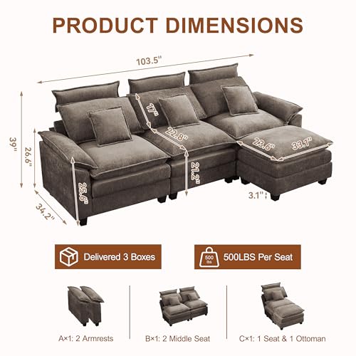 103'' Modular L Shaped Sofa, Cloud Deep Seat Sofa Couch with Ottoman, Detachable Headrest, 3 Seater Sectional Sofas for Living Room, Apartment, Studio, Brown - color: Brown, size: L Shaped Couch