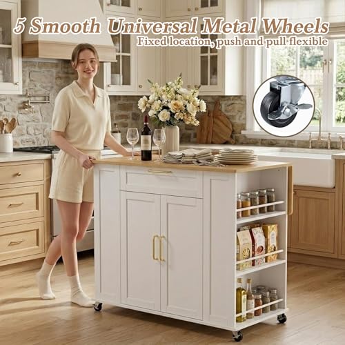 Faesun Kitchen Island on Wheels with Storage, Portable Kitchen Cart with Foldable Drop Leaf & Adjustable Shelves, Rolling Kitchen Island Cabinet with Spice Rack & 5 Casters, FSC Wood, White