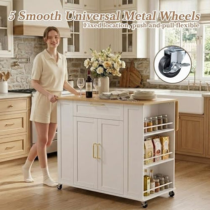 Faesun Kitchen Island on Wheels with Storage, Portable Kitchen Cart with Foldable Drop Leaf & Adjustable Shelves, Rolling Kitchen Island Cabinet with Spice Rack & 5 Casters, FSC Wood, White