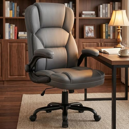 Leather Office Chair with Flip Up Arms, 360° Swivel Ergonomic Desk Chair with Wheels, Adjustable Height Computer Chair with Padded Seat for Home Office, Study,Gaming Room, Gray - color: Grey