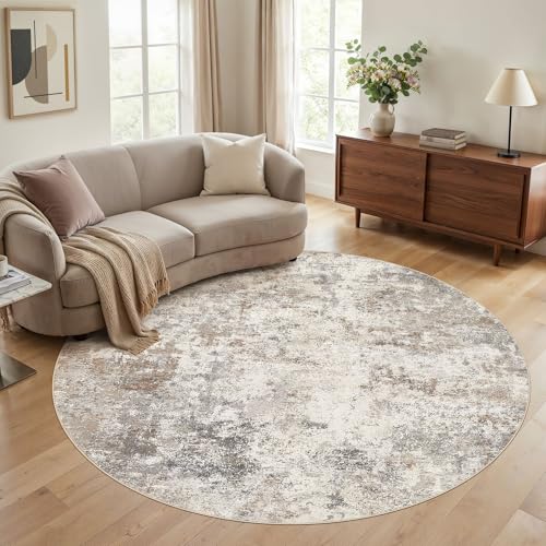 UERMEI 8ft Round Area Rug Living Room Rugs - 8x8 Washable Neutral Modern Abstract Soft Thin Rug Indoor Floor No Slip Rug Carpet for Bedroom Under Dining Table Home Office Decor - Brown Grey - color: Brown Grey, size: 8' (Round)