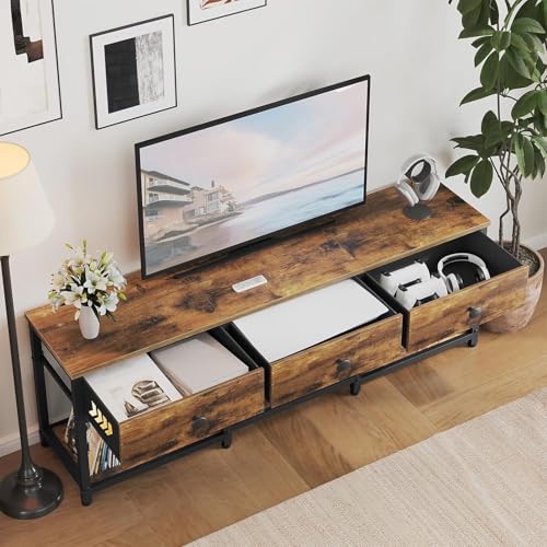 TV Stand with 3 Fabric Drawers for up to 50 Inch TV, 47.2" Industrial Media Console, Entertainment Center with Shelves for Living Room, Bedroom, Home Office, Rustic Brown and Black DS12BR - color: Rustic Brown + Black