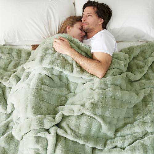 Cozy Bliss Fluffy Faux Fur Blanket Queen Size for Bed, Fuzzy Soft Striped Plush Blanket, Thick Throw for Bedroom Couch Gift, 90x90 Inches Sage Green - color: Sage Green, size: Queen(90" x 90")