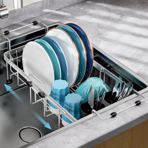 Small Over the Sink Dish Drying Rack - 9" W Expandable Stainless Steel Compact Dish Drainer for RV, Apartment, Camper, Kitchen, Dish Strainer with Lock Knob, Silver - color: Silver, size: 9"W | Fits Inner Sink 12"-18.3"L