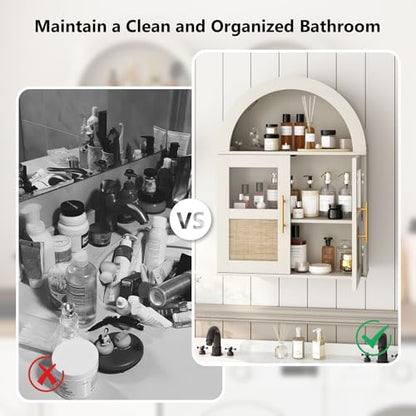 RUSTOWN Arched Bathroom Wall Cabinet with 2 Glass & Rattan Doors | Rattan Medicine Cabinet, Farmhouse Over the Toilet Storage Cabinet, Adjustable Shelves, 3-Tier Wall Mounted Cabinets - color: Rustic White
