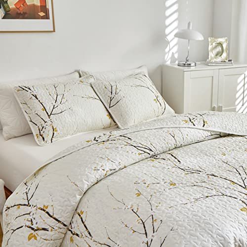 Quilt Set Twin Size Cream White with Black Branch Bedding Set 88x88 Soft Microfiber Lightweight Coverlet Bedspread Summer 2 Pc Bed Cover for (1 Quilt+ 1 Shams) - color: Cream, size: Twin(68x86)