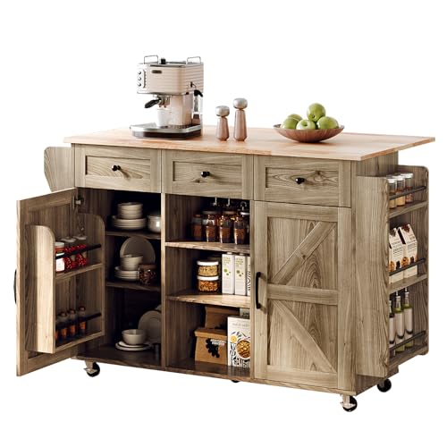 VINGLI Kitchen Island with Storage, 52" Rolling Kitchen Cart with 3 Drawers & Shelves, Drop Leaf Design, Mobile Island with Barn Doors, Towel & Spice Rack for Kitchen & Dining, Grey Brown Oak - color: Grey Brown 2-box