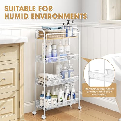 TOOLF 4-Tier Slim Rolling Cart, Metal Utility Cart, Slide Out Storage Cart with Wooden Tabletop and Mesh Baskets for Narrow Space on Kitchen Bathroom Laundry Room Bedroom Apartments Dormitory - size: Slim, style: White