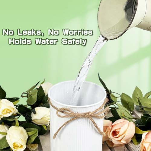 6" High Rustic Metal Mason Jar Vase Centerpiece for Table, White, 6 pcs | Leakproof, Galvanized metal, With twine bow, for wedding / parties / home/ office, For fresh & fake flowers, Utensil holder‌ - color: White