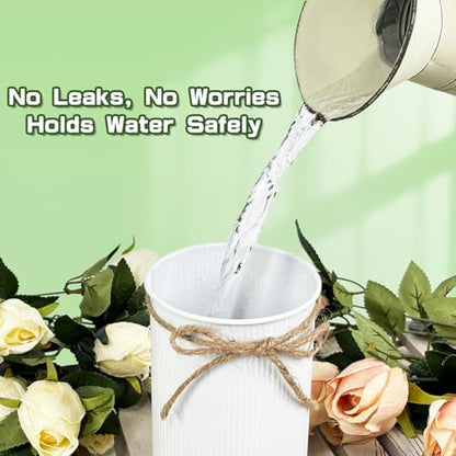 6" High Rustic Metal Mason Jar Vase Centerpiece for Table, White, 6 pcs | Leakproof, Galvanized metal, With twine bow, for wedding / parties / home/ office, For fresh & fake flowers, Utensil holder‌ - color: White
