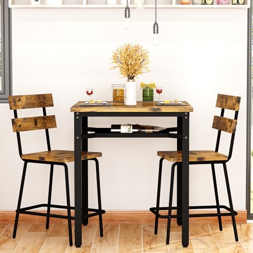 Hooseng 3 Piece Bar Table and Chairs Set, Counter Height Small Dining Table with 2 Bar Stools, Farmhouse Square Kitchen Table with Storage for Bistro, Pub, Small Space - color: Brown