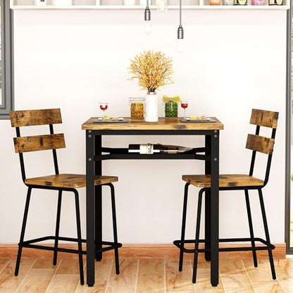 Hooseng 3 Piece Bar Table and Chairs Set, Counter Height Small Dining Table with 2 Bar Stools, Farmhouse Square Kitchen Table with Storage for Bistro, Pub, Small Space - color: Brown