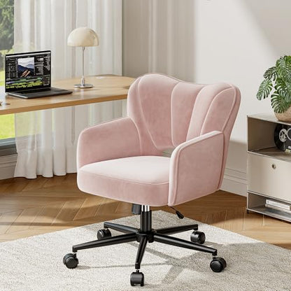 DurayLoly Vanity Chair with Shell Back & 360° Swivel Wheels | Comfy Velet Vanity Chair,Adjustable Height,Stylish and Comfortable for Makeup, Work & Relaxation,Pink - color: Pink