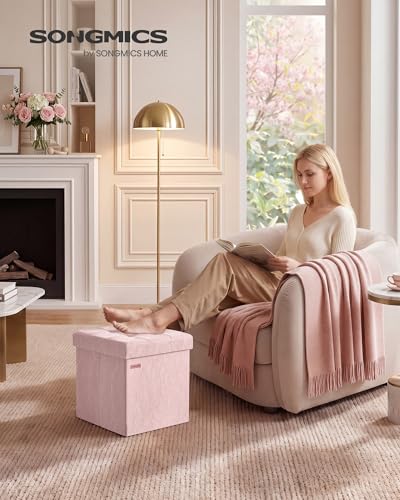SONGMICS Storage Ottoman, Textured PU Leather Footstool, Foldable Footrest with Cushion, for Living Room and Bedroom, 15 x 15 x 15 Inch, Pink, Minota Collection ULSF522SA01 - color: Pink (Wthout Legs)