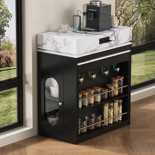 Extendable Dining Table with Folding Tabletop & Power Outlet, Modern Kitchen Island Sideboard with Wheels, Hidden Drawers & USB Charging, Sturdy Buffet Table for Small Spaces (Black) - color: Black