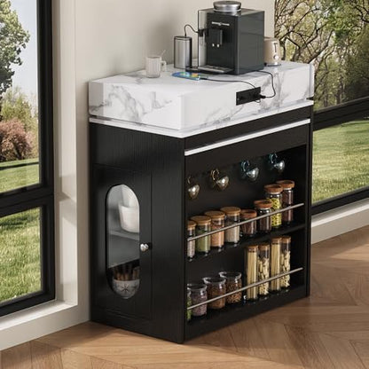 Extendable Dining Table with Folding Tabletop & Power Outlet, Modern Kitchen Island Sideboard with Wheels, Hidden Drawers & USB Charging, Sturdy Buffet Table for Small Spaces (Black) - color: Black