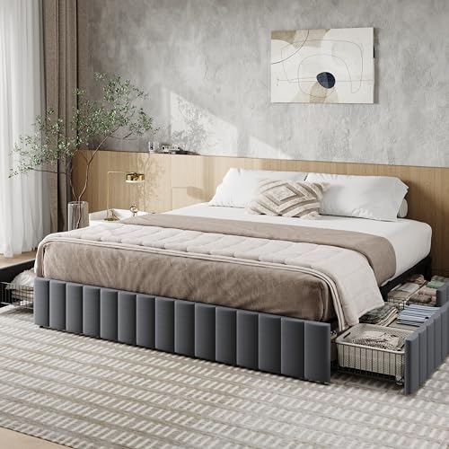 Allewie King Size Platform Bed Frame with 4 Large Storage Drawers, Velvet Vertical Channel Tufted Upholstered Bed Base, Wooden Slats Support, Noise-Free, No Box Spring Needed, Easy Assembly, Grey - color: Grey, size: King