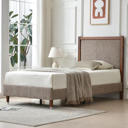 YUHUASHI Twin Upholstered Platform Bed Frame with Solid Wood Trim Headboard, Linen Fabric Upholstery, Sturdy Slat Support No Box Spring Needed, Easy Assembly (Coffee, Twin) - color: Coffee, size: Twin