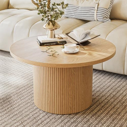 MAISONARIA Round Coffee Table with Metal Frame, 35.4" Coffee Tables for Living Room, Circle Wood Accent Center Table for Apartment, Oak - color: Nature