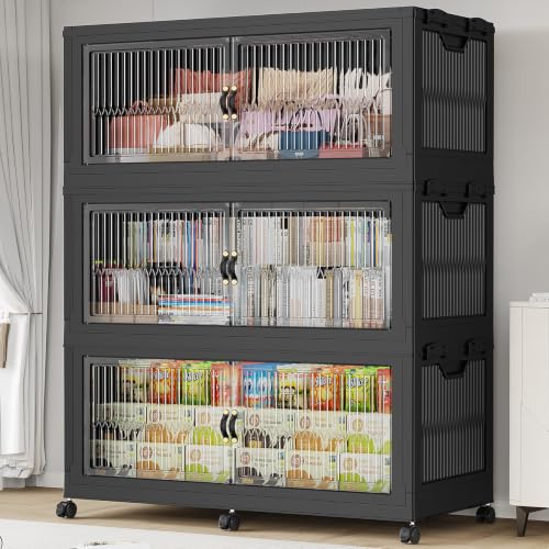 BROVIEW 1020QT Extra Large Stackable Storage Bins with Lids, 3Pack Black | 255Gal Plastic Collapsible Cabinets Containers, Wheels & PET Doors, Foldable Closet Organizers Drawers for Office, Dorm - color: Black, size: 85Gal-3Pack